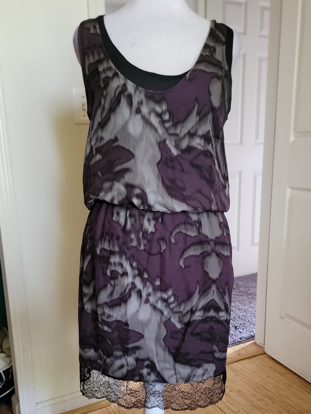 Robert Rodriguez Sleeveless Purple Patterned Lace-Hem Dress